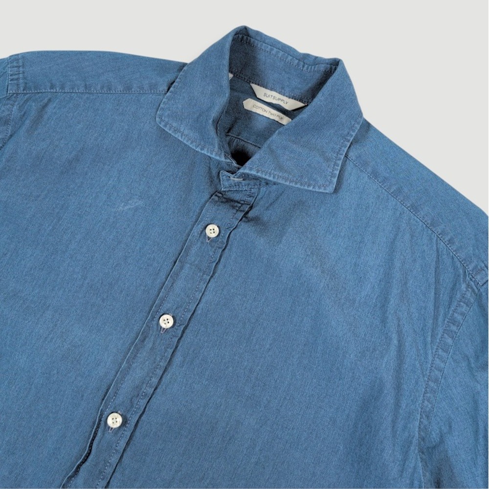 SuitSupply Denim Tailored Fit Widespread Collar Shirt Mens 15.5 39 Blue Business